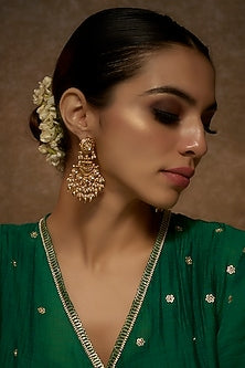 Gold Finish Kundan Polki Temple Dangler Earrings With Pearls