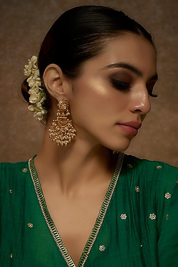Gold Finish Kundan Polki Temple Dangler Earrings With Pearls