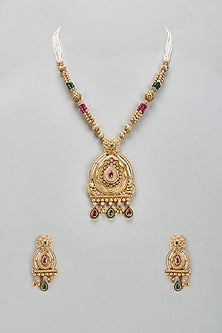 Gold Finish Kundan Polki & Pearl Temple Long Necklace Set