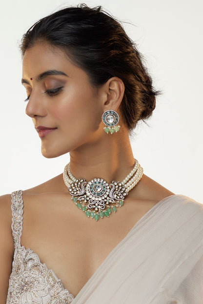 Two Tone Finish Kundan Polki & Emerald Long Necklace Set