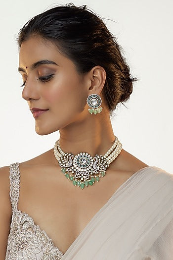 Two Tone Finish Kundan Polki & Emerald Long Necklace Set