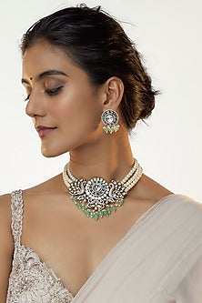Two Tone Finish Kundan Polki & Emerald Long Necklace Set