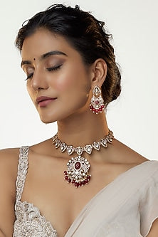 Gold Finish Kundan Polki & Ruby Long Necklace Set