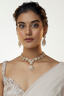 Gold Finish Kundan Polki & Pearl Long Necklace Set