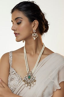 Two Tone Finish Kundan Polki & Green Stone Long Necklace Set