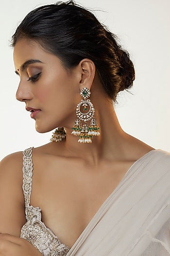 Two Tone Finish Kundan Polki & Green Stone Jhumka Earrings