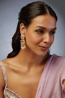 Gold Finish Kundan Polki & Red Stone Dangler Earrings