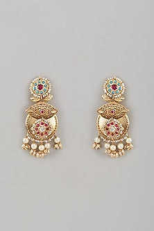 Gold Finish Kundan Polki & Red Stone Dangler Earrings