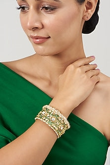 Gold Finish Kundan Polki & Emerald Green Synthetic Stone Bangle