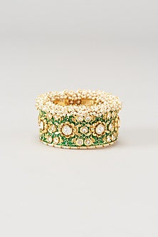 Gold Finish Kundan Polki & Emerald Green Synthetic Stone Bangle