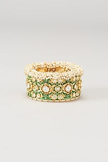Gold Finish Kundan Polki & Emerald Green Synthetic Stone Bangle