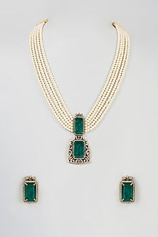 Black Rhodium Finish Kundan Polk & Pearl Long Necklace Set