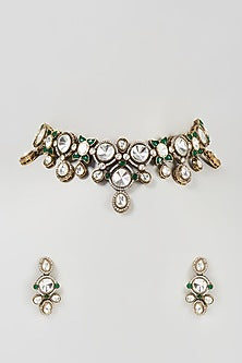Black Rhodium Finish Kundan Polki Choker Necklace Set