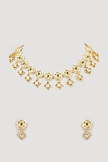 Gold Finish Kundan Polki & Green Stone Choker Necklace Set