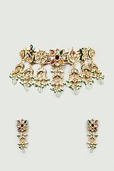 Gold Finish Kundan Polki & Multi-Colored Stone Choker Necklace Set
