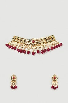 Gold Finish Kundan Polki & Red Beaded Choker Necklace Set