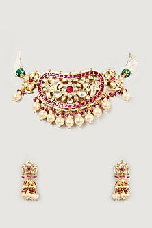 Gold Finish Kundan Polki & Red Stone Choker Necklace Set