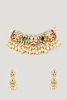 Gold Finish Kundan Polki & Multi-Colored Stone Choker Necklace Set