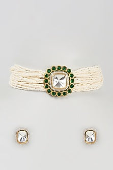 Gold Finish Kundan Polki & Green Stone Choker Necklace Set