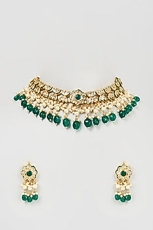 Gold Finish Kundan Polki & Green Beaded Choker Necklace Set