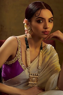 Gold Finish Multi-Colored Stone & Kundan Polki Temple Long Necklace Set