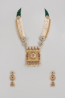 Gold Finish Multi-Colored Stone & Kundan Polki Temple Long Necklace Set