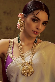 Gold Finish Multi-Colored Stone & Kundan Polki Temple Long Necklace Set