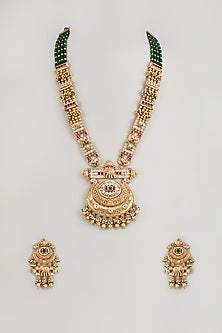 Gold Finish Multi-Colored Stone & Kundan Polki Temple Long Necklace Set