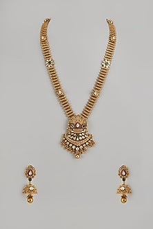 Gold Finish Multi-Colored Stone & Kundan Polki Temple Long Necklace Set