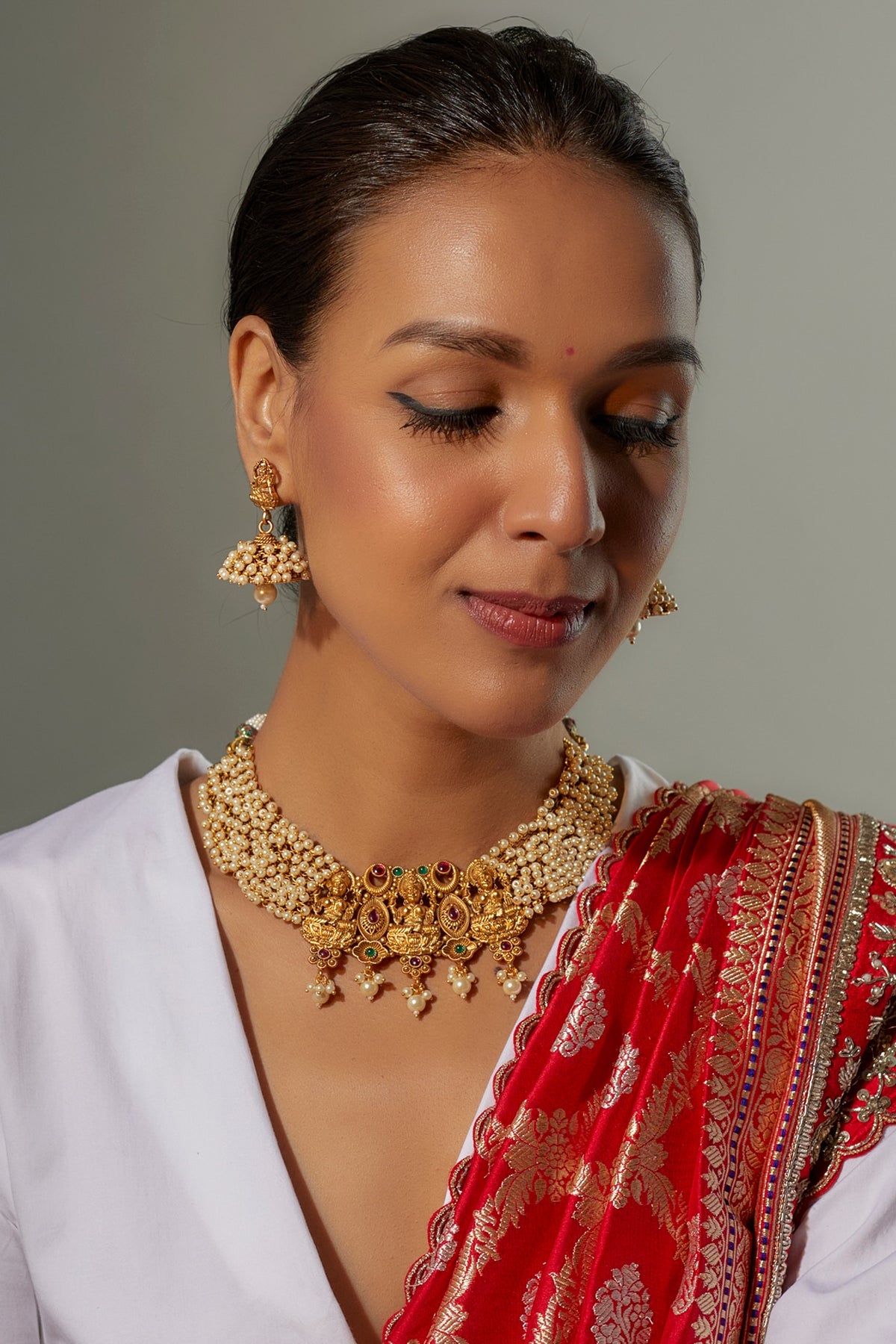 Gold Finish Multi-Colored Stone & Kundan Polki Temple Necklace Set