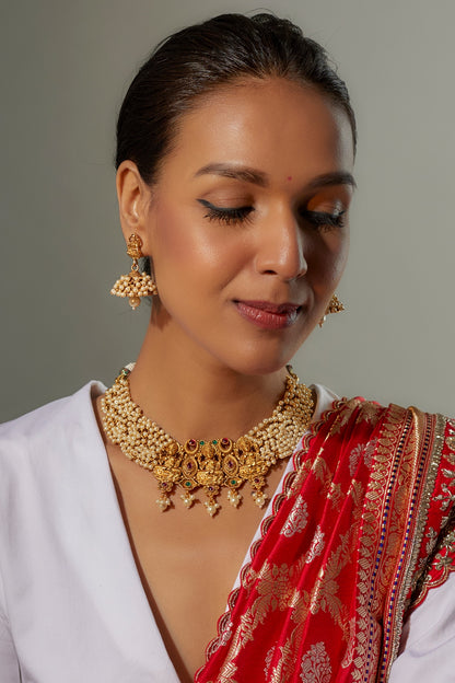Gold Finish Multi-Colored Stone & Kundan Polki Temple Necklace Set