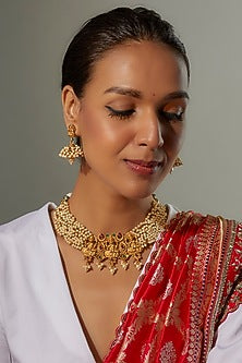 Gold Finish Multi-Colored Stone & Kundan Polki Temple Necklace Set