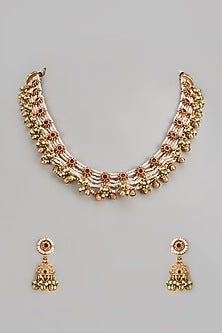 Gold Finish Multi-Colored Stone Temple Mala Set