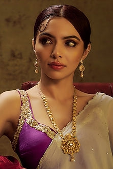 Gold Finish Multi-Colored Stone & Kundan Polki Temple Long Necklace Set