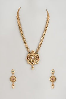 Gold Finish Multi-Colored Stone & Kundan Polki Temple Long Necklace Set
