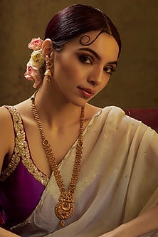 Gold Finish Multi-Colored Stone & Kundan Polki Temple Long Necklace Set