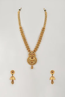 Gold Finish Multi-Colored Stone & Kundan Polki Temple Long Necklace Set