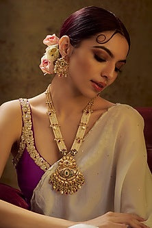 Gold Finish Multi-Colored Stone & Kundan Polki Temple Long Necklace Set