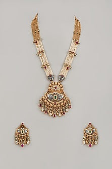 Gold Finish Multi-Colored Stone & Kundan Polki Temple Long Necklace Set