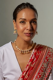 Gold Finish Multi-Colored Stone & Kundan Polki Temple Necklace Set