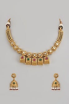 Gold Finish Multi-Colored Stone & Kundan Polki Temple Necklace Set
