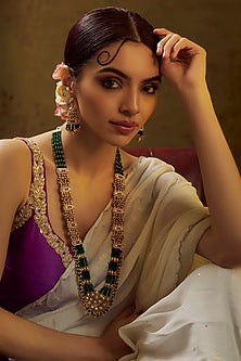 Gold Finish Multi-Colored Stone Temple Long Necklace Set