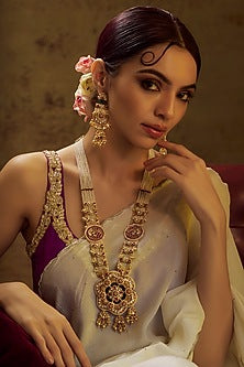 Gold Finish Multi-Colored Stone & Kundan Polki Temple Long Necklace Set