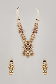 Gold Finish Multi-Colored Stone & Kundan Polki Temple Long Necklace Set