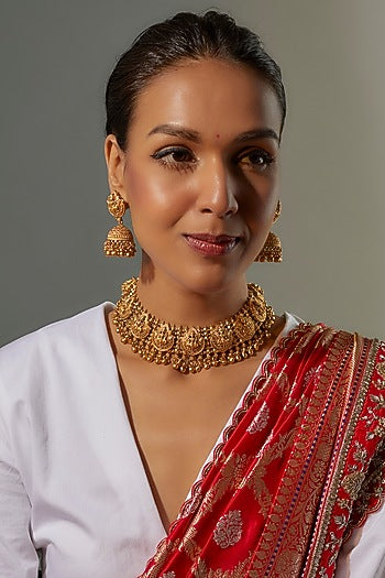 Gold Finish Kundan Polki Temple Necklace Set