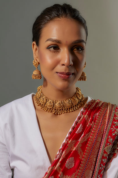 Gold Finish Kundan Polki Temple Necklace Set