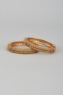 Gold Finish Multi-Colored Stone & Kundan Polki Temple Bangles (Set of 2)