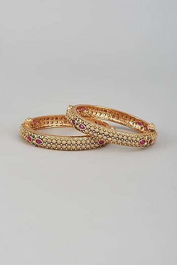 Gold Finish Multi-Colored Stone & Kundan Polki Temple Bangles (Set of 2)