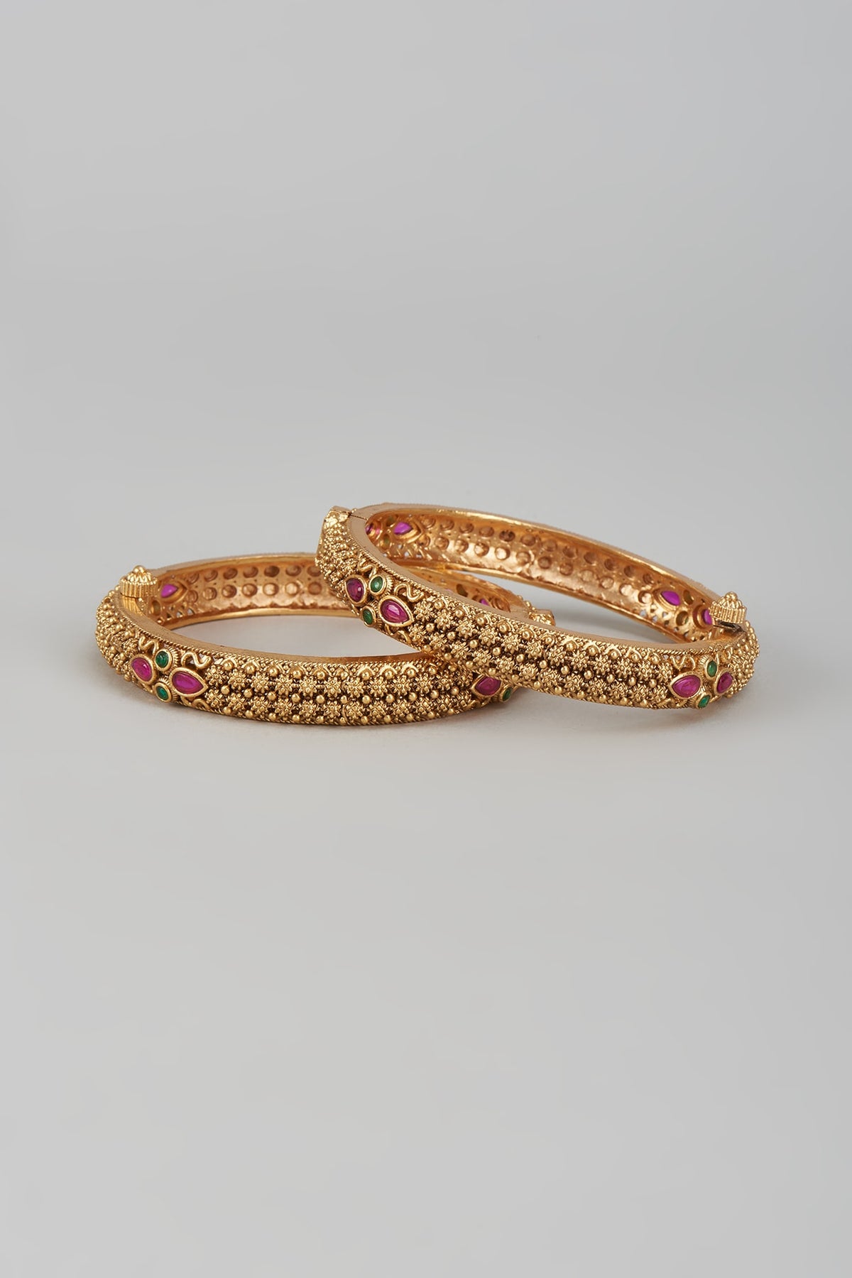 Gold Finish Multi-Colored Stone & Kundan Polki Temple Bangles (Set of 2)