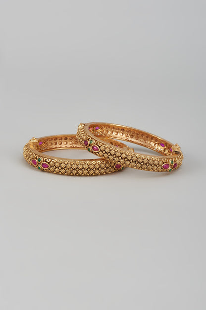 Gold Finish Multi-Colored Stone & Kundan Polki Temple Bangles (Set of 2)